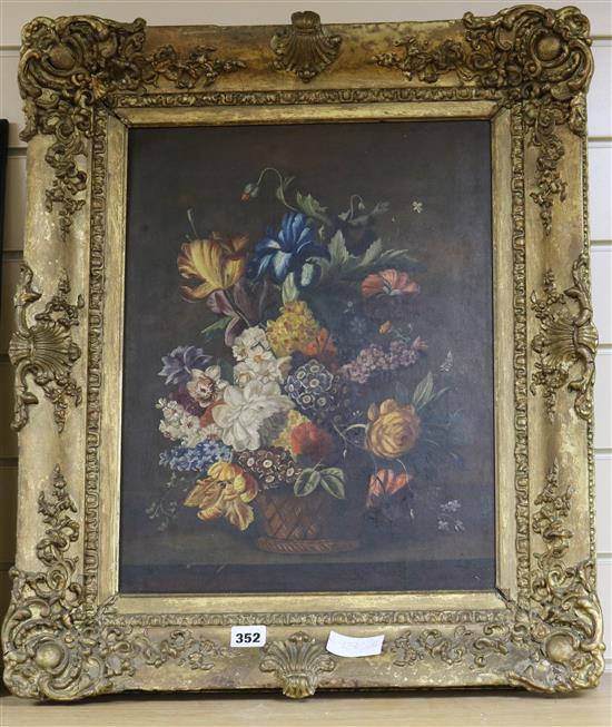 Continental School, oil on board, Still life of flowers in a basket, 44 x 34cm